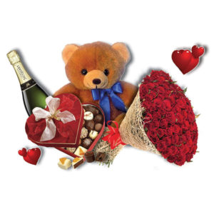 100 rose rosse orsacchiotto scatola di cioccolatini a forma di cuore e champagne