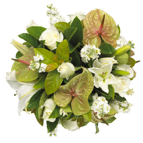 bouquet con anthurium verdi e fiori bianchi