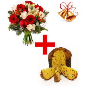 Spedizione a domicilio bouquet Natalizio con fiori rossi e bianchi con Panettone Natalizio online