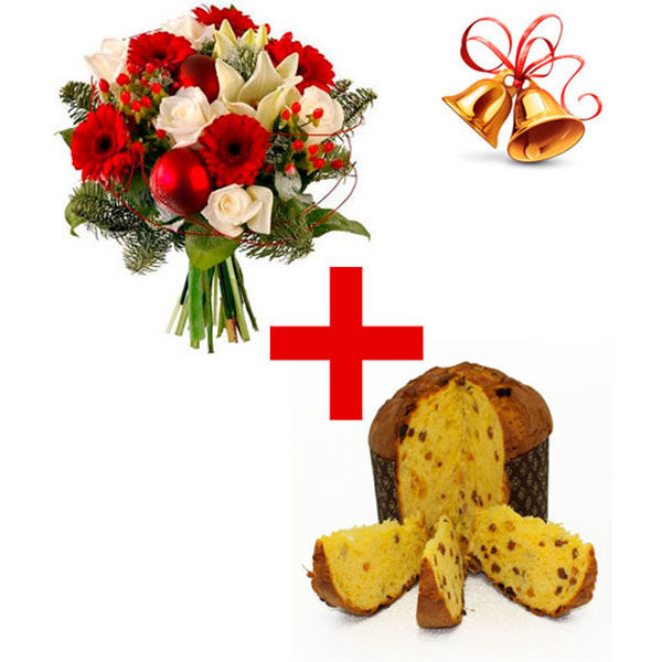 Spedizione a domicilio bouquet Natalizio con fiori rossi e bianchi con Panettone Natalizio online