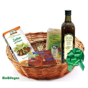 Consegna a domicilio cesto regalo con prodotti bio seitan quinoa olio extravergine di oliva e budini alla soya online