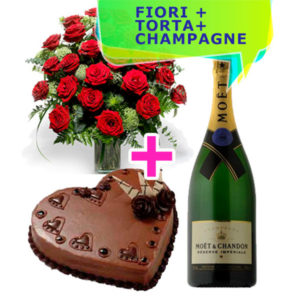 24 rose rosse torta al cioccolato a forma di cuore e una bottiglia di moet & chandon