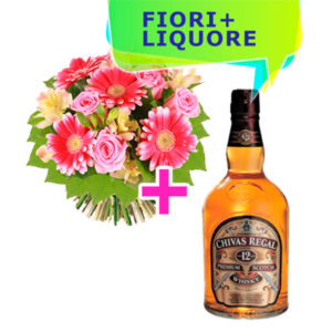 bouquet con gerbere rosa e rose rosa e una bottiglia di chivas