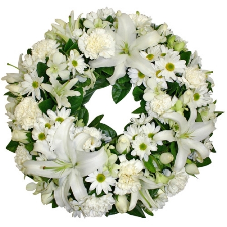 corona funebre bianca con fiori bianchi