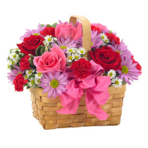 rose rosse rose rosa margherite e fiorellini misti in cestino