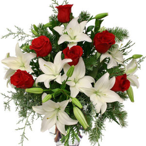 composizione con lilium bianchi rose rosse