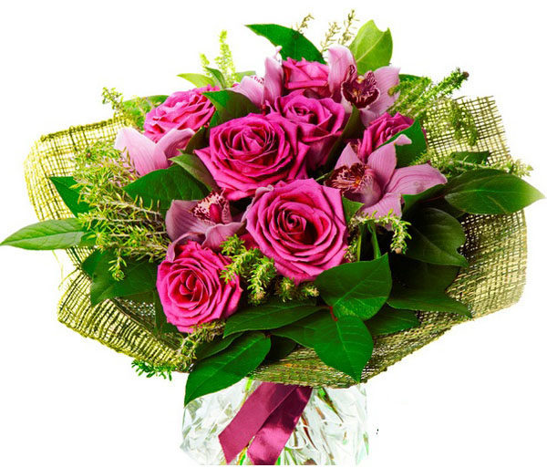bouquet con rose fuchsia e orchidee