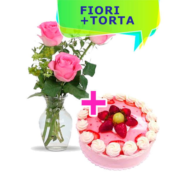 tre rose rosa e torta alla fragola con ciuffetti di panna