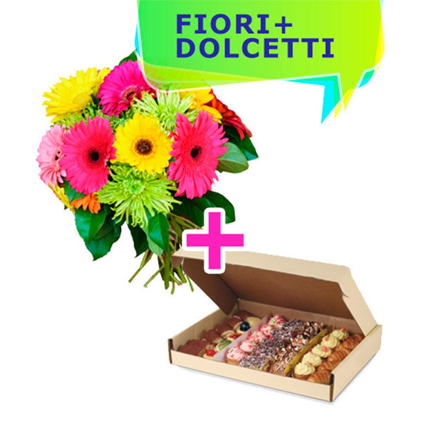 Consegna a domicilio bouquet con gerbere colorate e un vassoio di dolcetti misti online