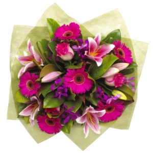 bouquet con gerbere fuchsia lilium e iris