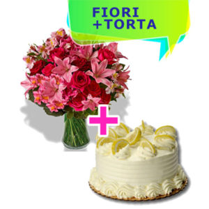 Consegna a domicilio composizione di lilium e rose con torta al limone e panna online