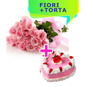 consegna a domicilio rose rosa e torta a forma di cuore con panna e fragole online