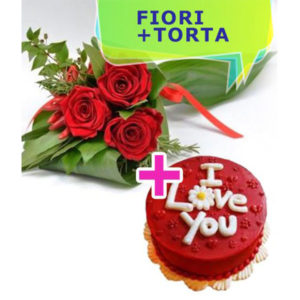 tre rose rosse con torta I Love You rossa