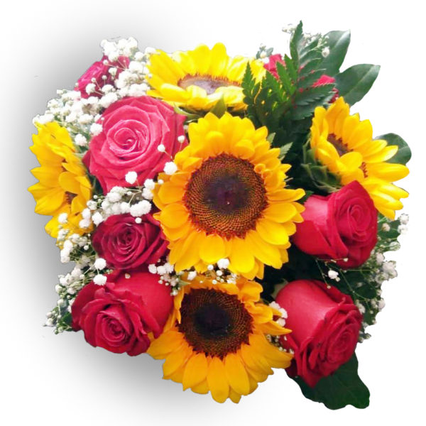 bouquet con girasoli e rose rosse