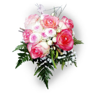 Bouquet con rose rosa e punto luce con nebbiolina online