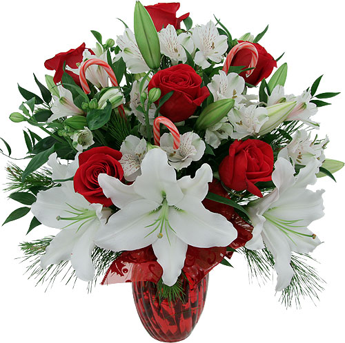 composizione con lilium bianchi fresie e rose rosse