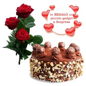 pacchetto regalo con 3 rose rosse una torta ferrero rocher e un omaggio a sorpresa da consegnare a domicilio