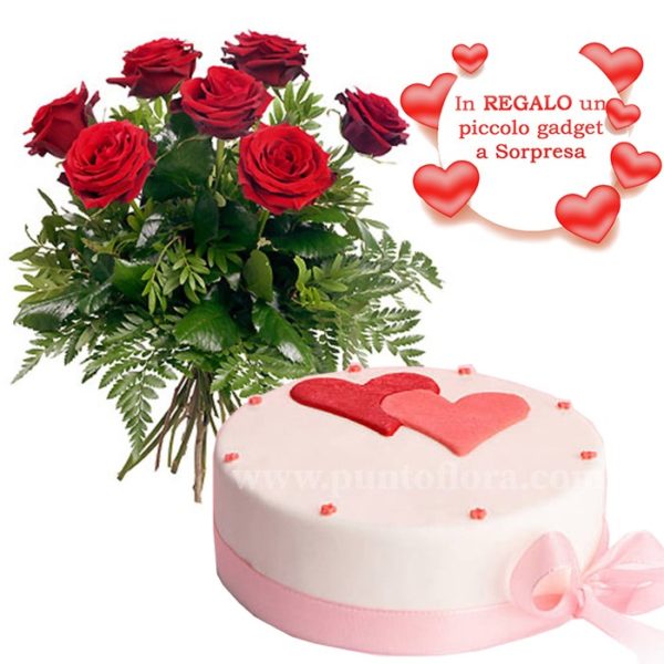 bouquet con 7 rose rosse e torta con glassa e cuori