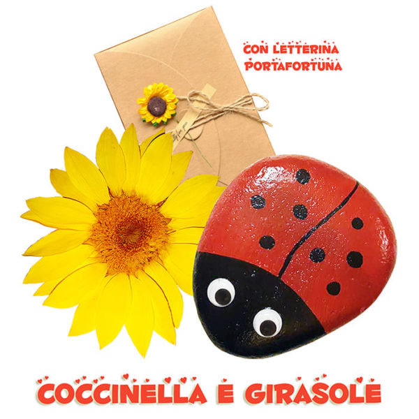 Girasole stabilizzato, sasso dipinto con coccinella raffigurata e bigliettino scritto a mano portafortuna