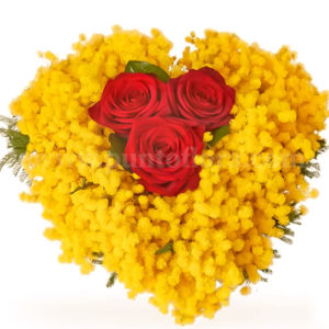 composizione a forma di cuore con mimosa e 3 rose rosse