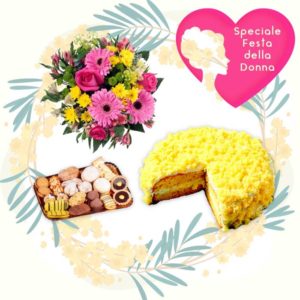 Bouquet, torta mimosa e dolcetti misti
