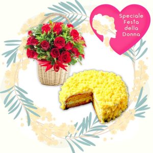 Torta Mimosa con cesto rose rosse