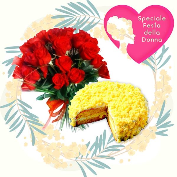 Torta mimosa e mazzo con rose rosse