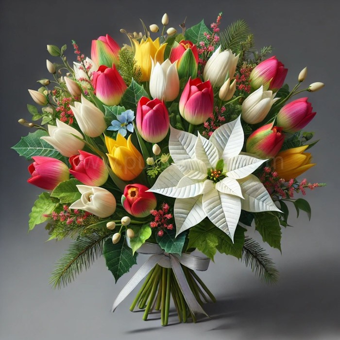 Mazzo con tulipani colorati e Stella di Natale Bianca