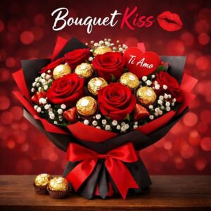 bouquet con rose rosse e cioccolatini ferrero rocher